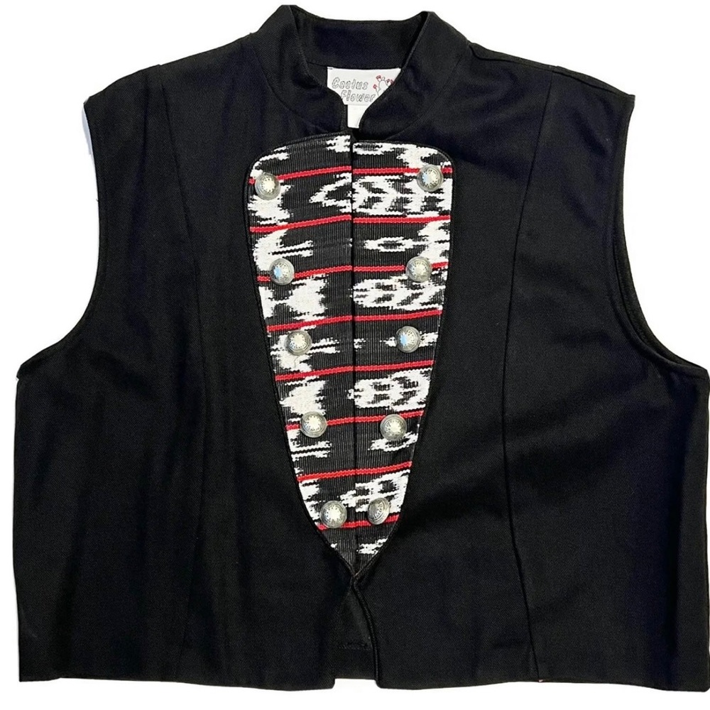 Vintage Woman Sz L Cactus Flower Vest Black Red Stripe Metal Buttons Made in USA